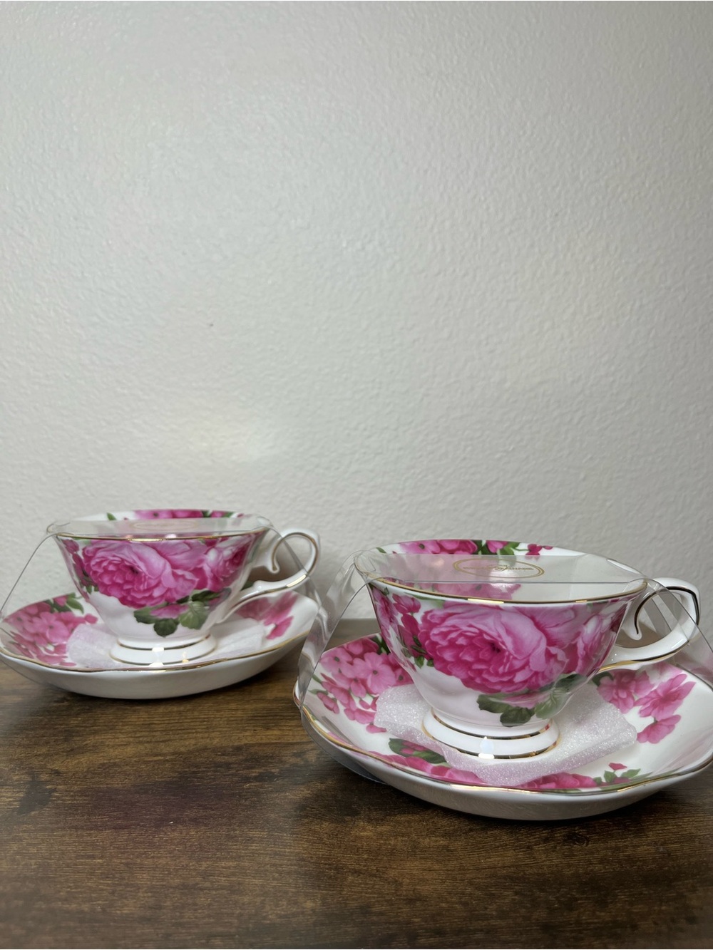 Pink Rose Porcelain Teacup and Saucer Set - Floral Tea Cups (Pair)